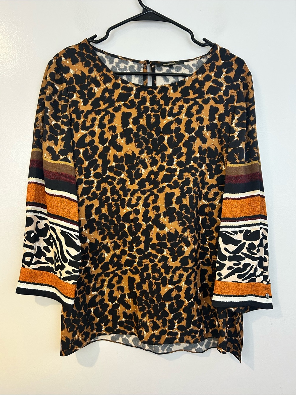 Kobi Halperin Leopard Animal Print Striped Pullover Casual Blouse Large